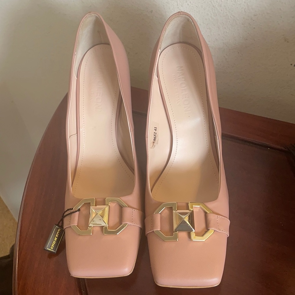 Pink Leather Square-Toe Heels with Gold Accent
